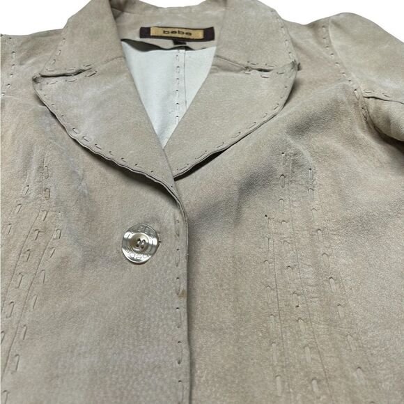 Bebe Genuine  Leather Suede Jacket Button Blazer Coat Collar Tan Cream Neutral - Picture 3 of 11
